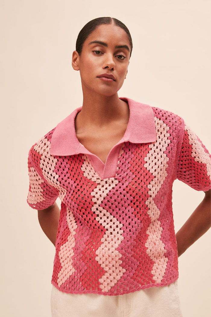 Perisol Striped Crochet Polo Sweater - Pink Short Sleeve Open Knit Perisol Striped Crochet Polo Sweater - Pink Short Sleeve Open Knit