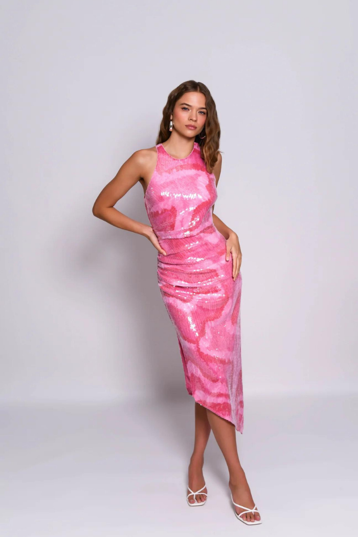 Hutch Perla Pink Sequin Ruched Midi Dress