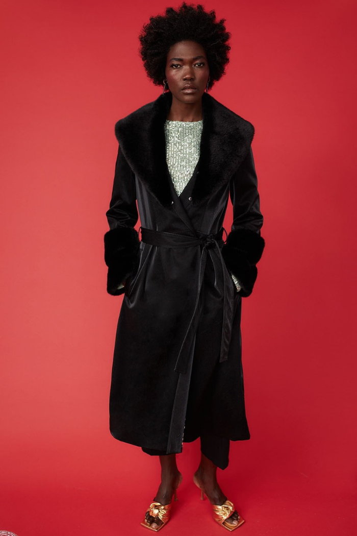 ジャケット・アウター fur collar belted trench coat Black Trench Style Belted Coat with Faux Fur Cuffs and Collar