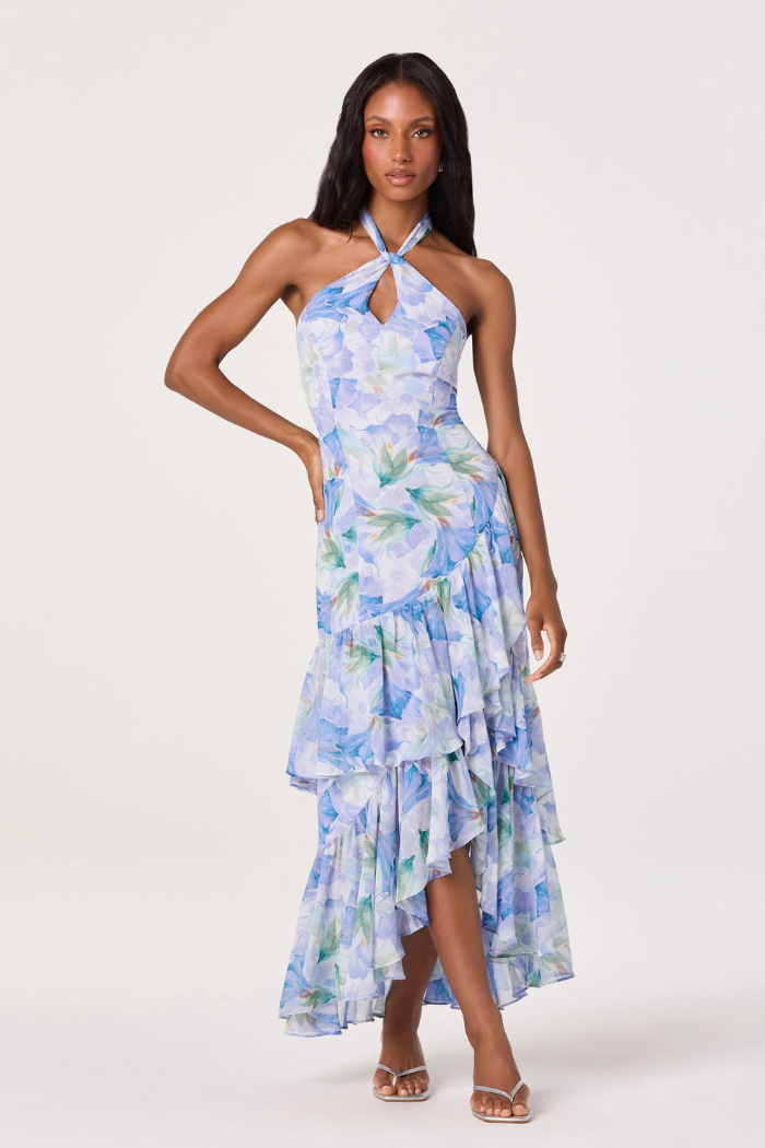 astr blue dress Bethina Floral Halter High-Low Color:Navy/Silver keyhole dress designed with a crossover Buy Yours Curve Black