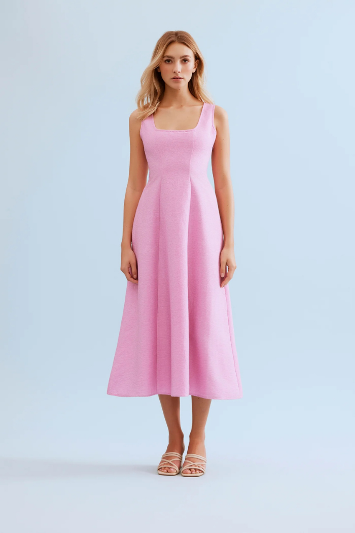 Nina Open Back Midi Dress Pink | 3D Flower Appliqué