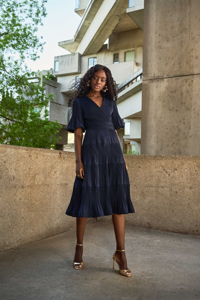 Pleated Woven Fit & Flare Dress | Navy Blue Wedding Guest Dress