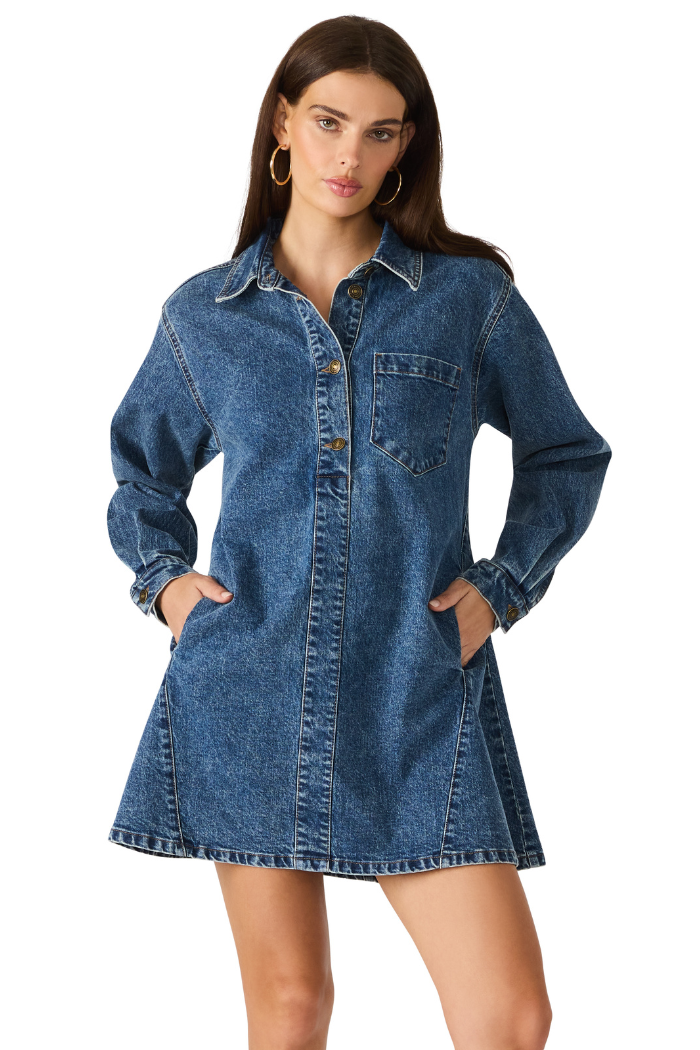steve madden denim dress Edith Trouser Inseam:W24 L32 this dress exudes polish nosale By Anthropologie Strapless Smocked