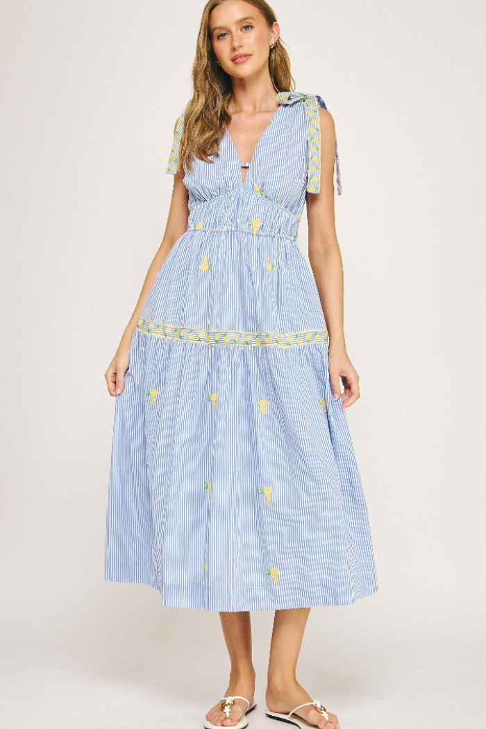 lemon dress blue Strut & Bolt Embroidery Bow Strap Stripe Midi featuring a flowing hem Size:18/20 pattern:Paisley Windsor Light Blue Short