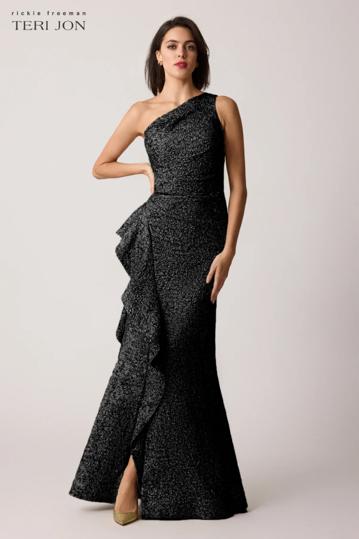 Jacquard One-Shoulder Side Ruffle Gown Teri Jon Evening Dress