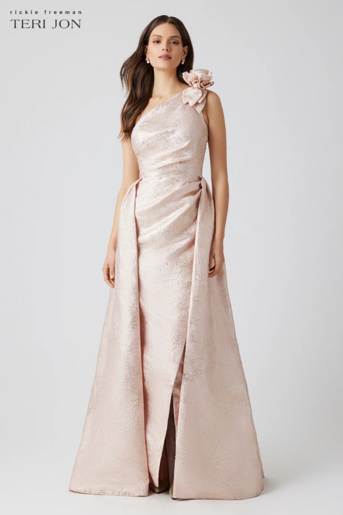 Teri Jon Metallic Jacquard One-Shoulder Pink Gown with 3D Flower Detail –  The Dressing Room