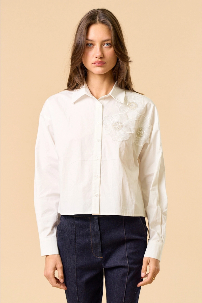 Off White Floral Appliqué Button Down Shirt | Cropped | lalavon