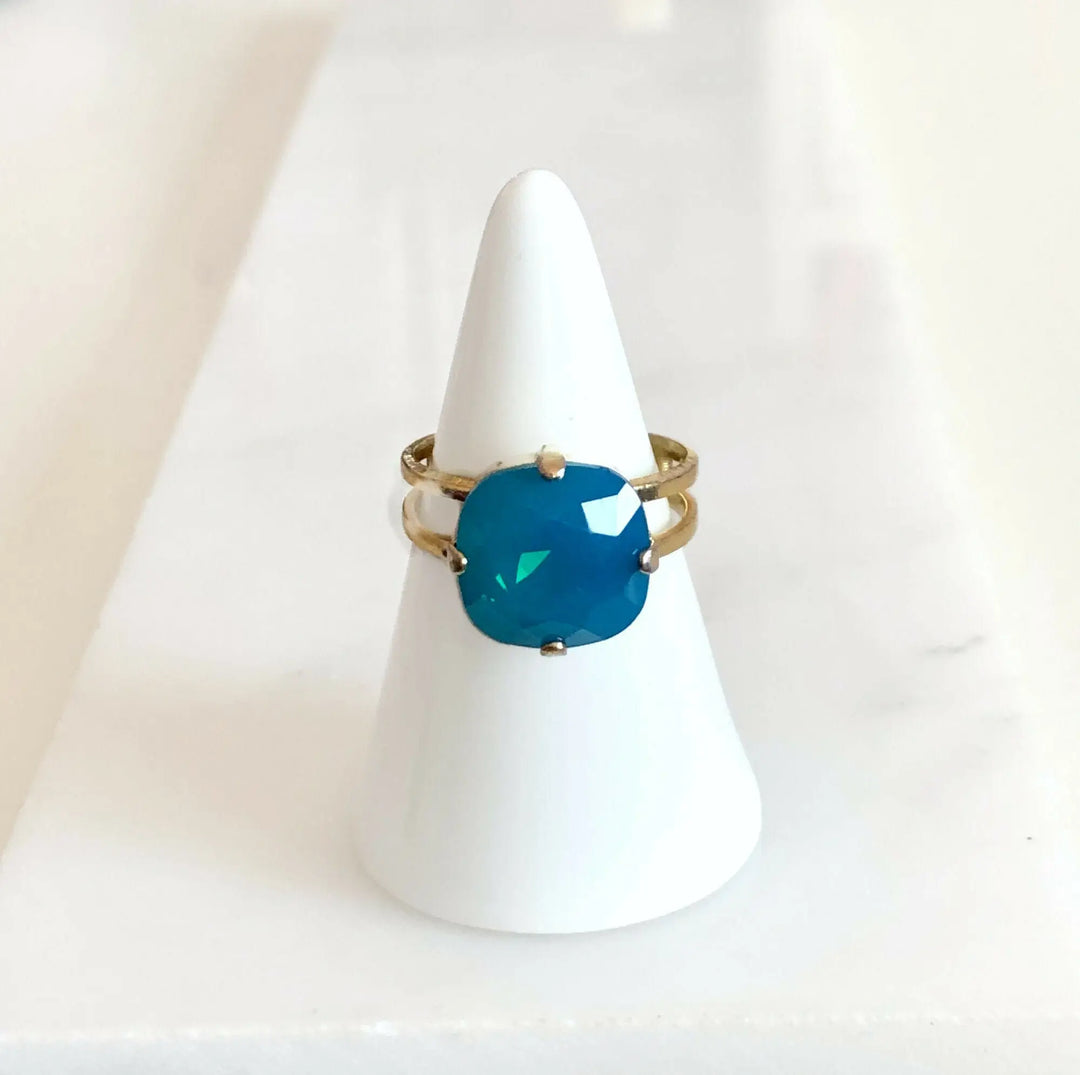 Blue Opal Square Cut Crystal Ring