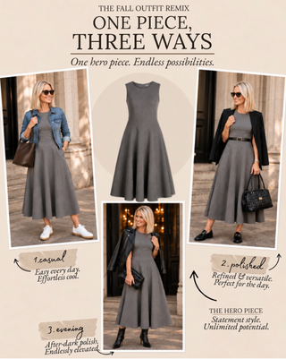 Gray midi dress styled three ways: casual with a denim jacket, polished with a blazer, and evening with a leather jacket, at The Dressing Room.
