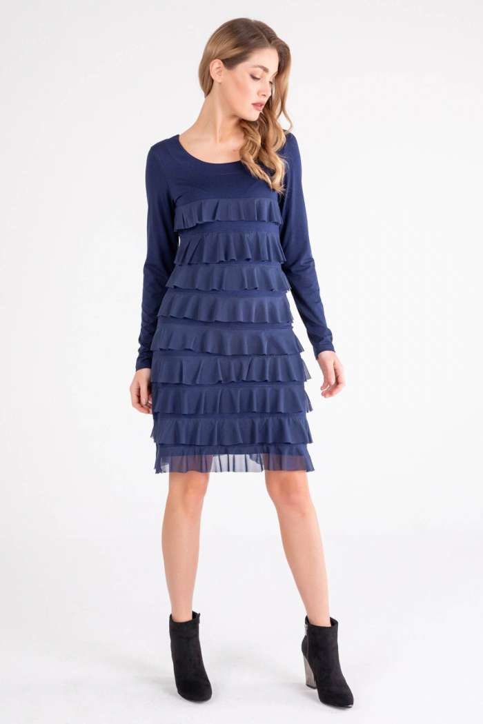 knee length dresses for ladies Kai Balloon Sleeve Ruched Mesh Overlay Dress Blue– Selfie Leslie main image 0
