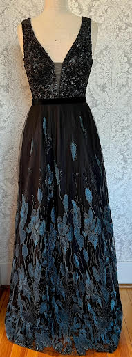 Elegant Black Sequin & Teal Leaf Embroidered V-Neck Evening Gown