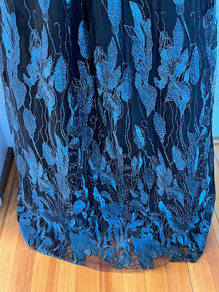 Elegant Black Sequin & Teal Leaf Embroidered V-Neck Evening Gown