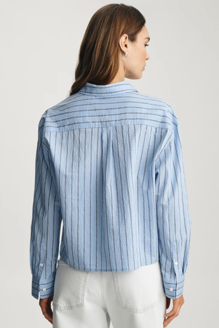 Cropped One Pocket Button-Up Shirt Mavi M1211363-86599 Woman wearing a blue and white striped shirt on a plain background