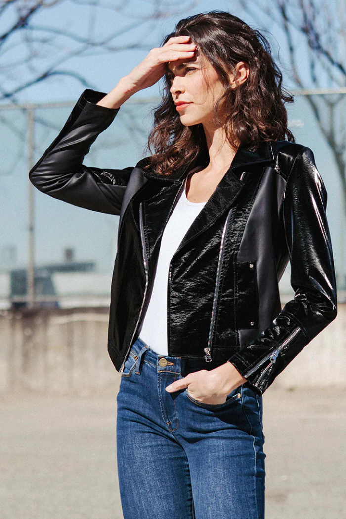 Clara Sunwoo Liquid Leather ™ Panel Zip Cuff Pocket Jacket - Black JK225H