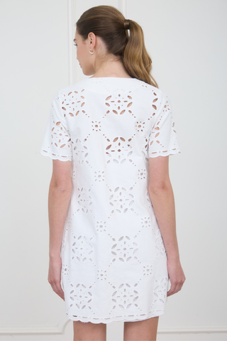 short sleeve white mini dress White Eyelet Cotton Mini Dress | Gold Buttons