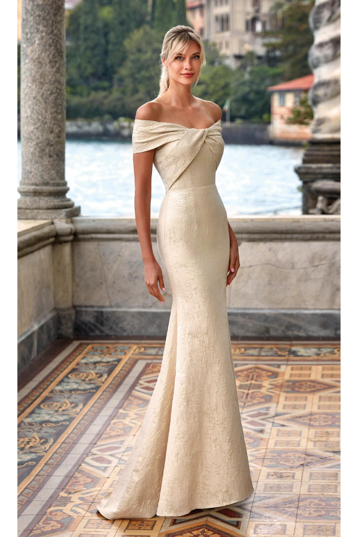 Metallic Off-Shoulder Trumpet Gown