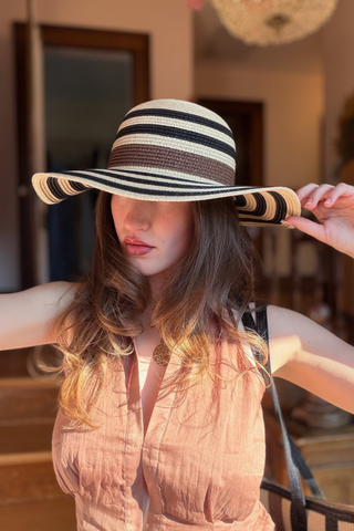 Leo & Ugo KEBH088 Neutral Striped Hat & Bag Combo Woman wearing a striped sun hat indoors