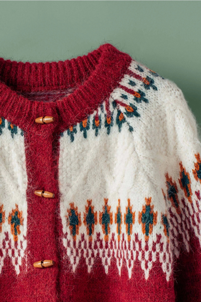 Urban Daizy Nordic Pattern Wool Blend Toggle Cardigan - Red