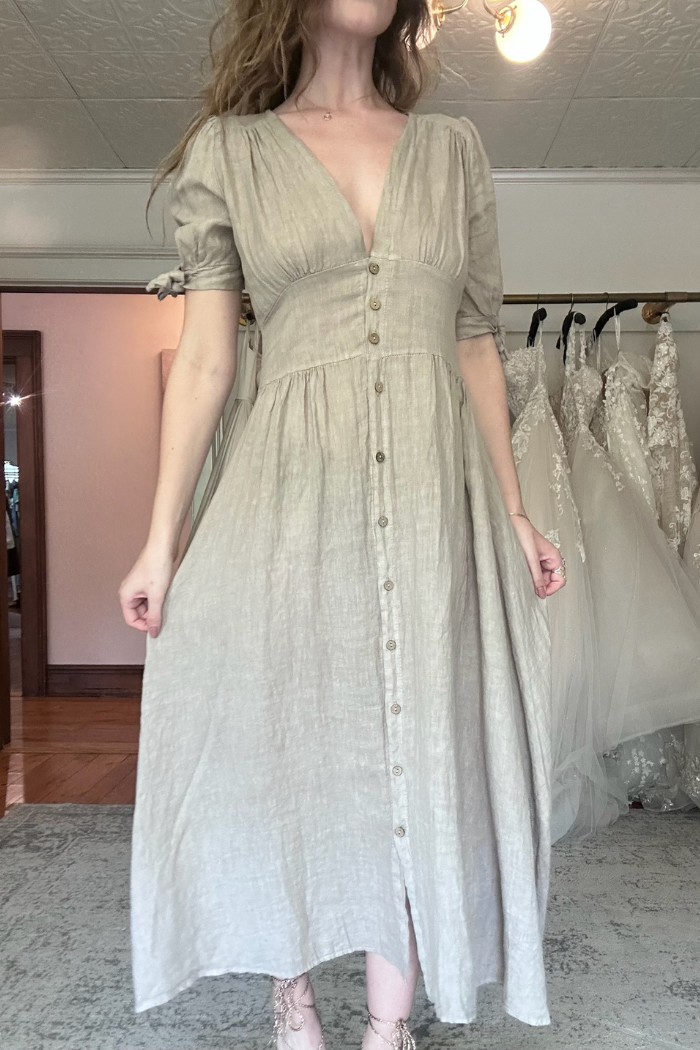 March Maxi Dress | Khaki Linen Midi Dress Made in Italy Beige / Medium March Maxi Dress | Khaki Linen Midi Dress Made in Italy Beige / Medium