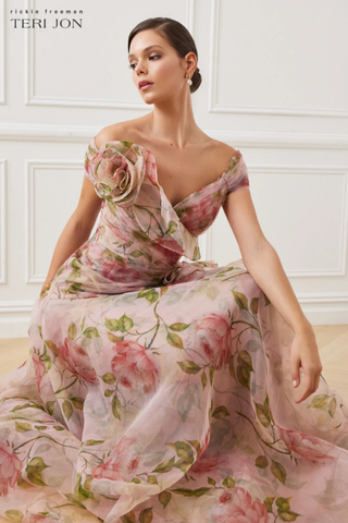 Teri Jon 246006 Off The Shoulder Organza Floral Gown