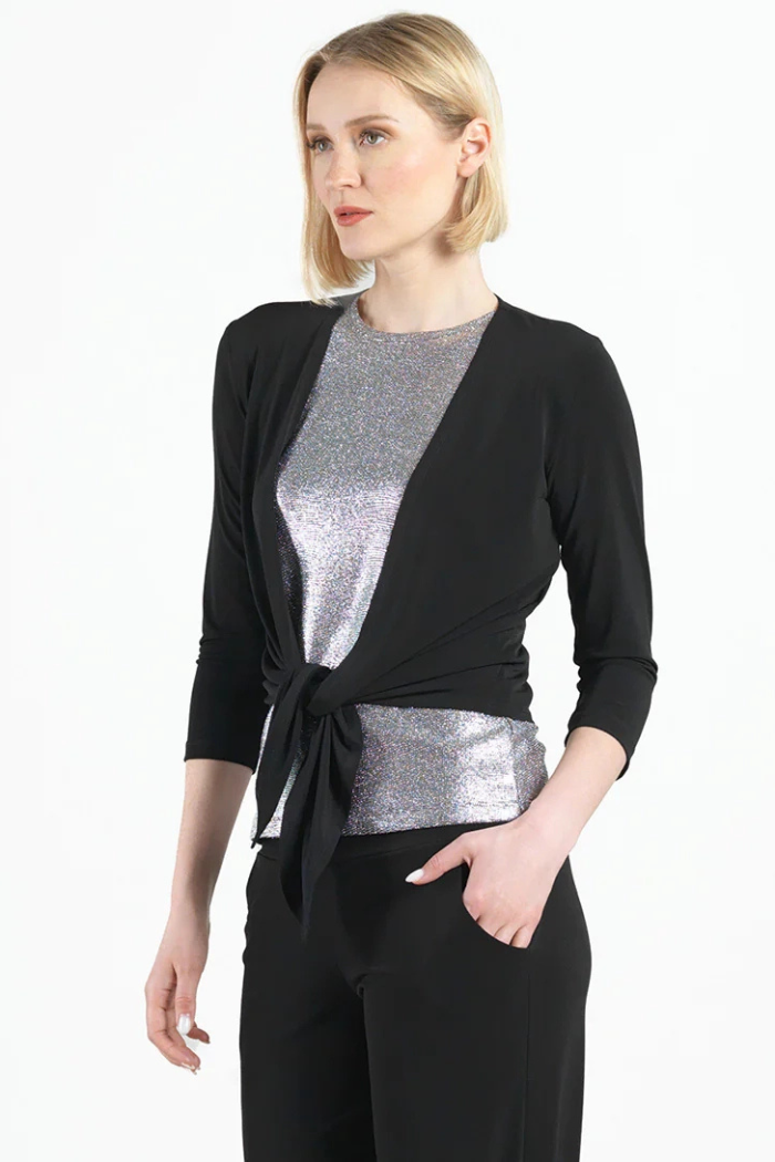 Modern 3/4 Sleeve Tie-Front Cardigan – Wrinkle-Free Silky Travel Knit - Black