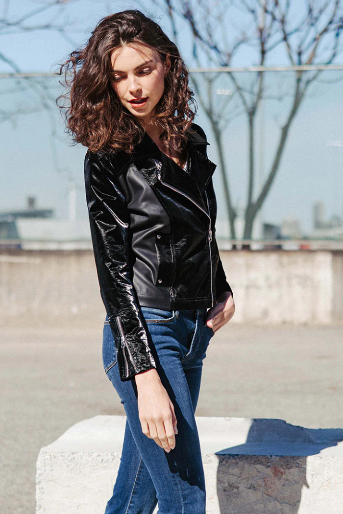 Clara Sunwoo Liquid Leather ™ Panel Zip Cuff Pocket Jacket - Black JK225H