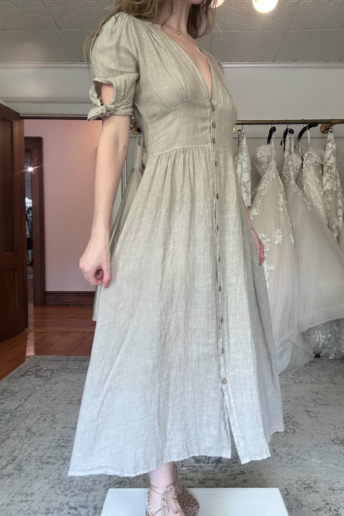 March Maxi Dress | Khaki Linen Midi Dress Made in Italy Beige / Medium March Maxi Dress | Khaki Linen Midi Dress Made in Italy Beige / Medium