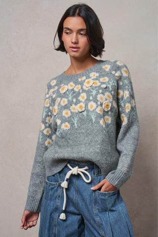 Daisy Embossed 3D Floral Knit Sweater - Grey UDSW0218