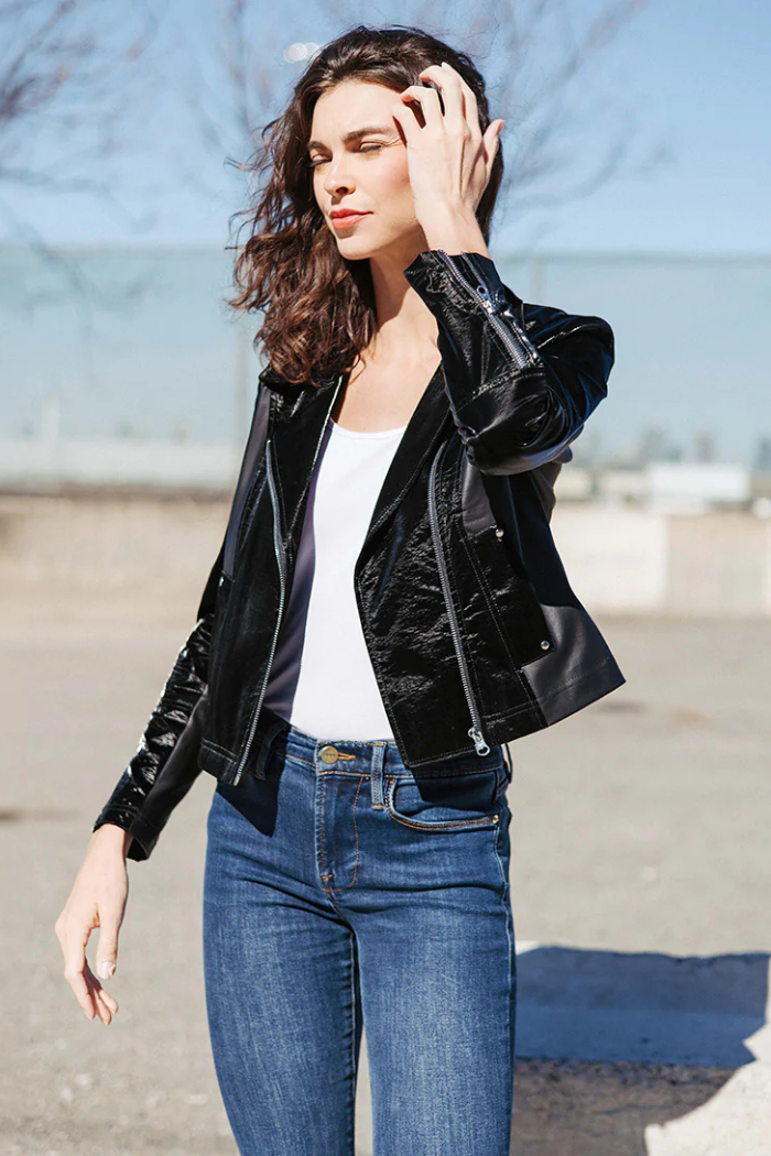 Clara Sunwoo Liquid Leather ™ Panel Zip Cuff Pocket Jacket - Black JK225H