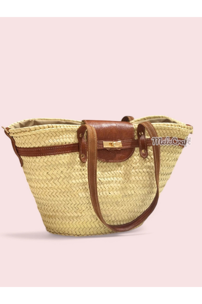 Luxury Straw Tote Bag with Leather Lock Closure