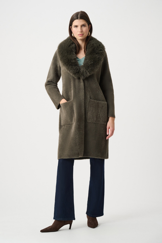 Feather Yarn Knit Coat with Detachable Faux Fur Collar Ribkoff 263973