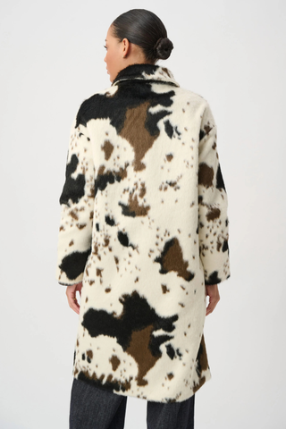 Ribkoff 264944 Faux Fur Cow Print Coat Person wearing a cow print coat on a white background