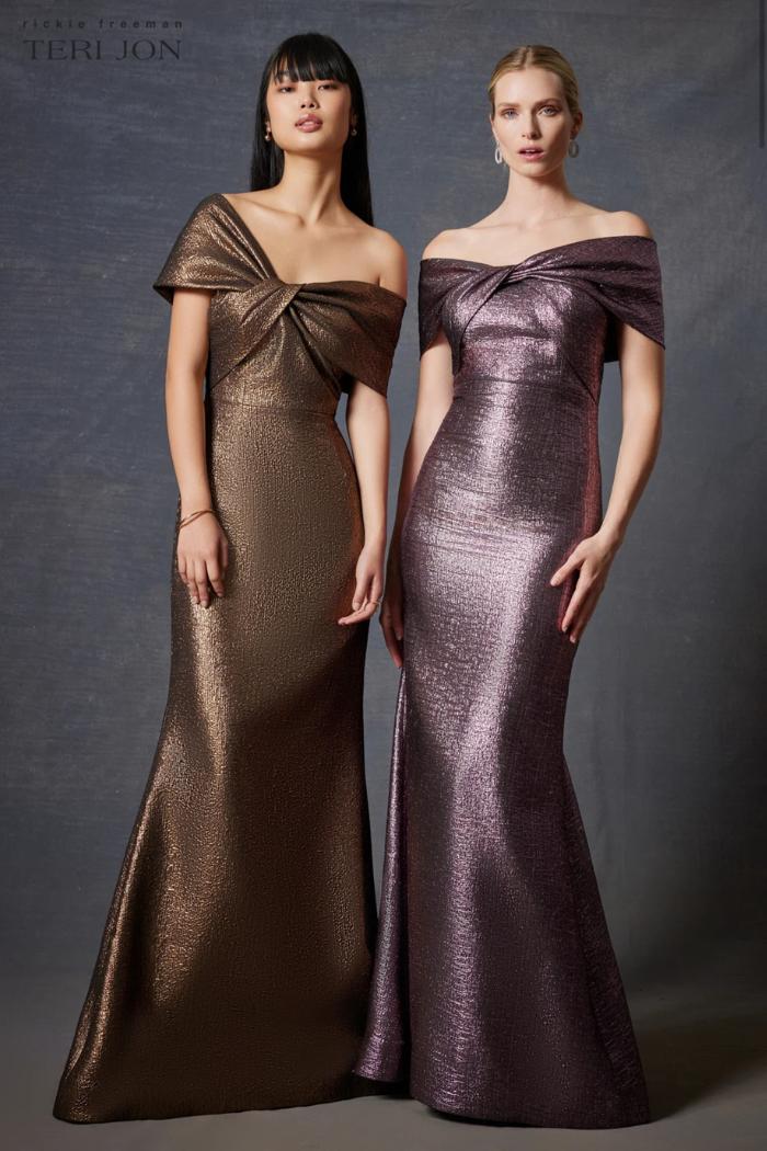 Metallic Jacquard Twist Bodice Off The Shoulder Gown Metallic Jacquard Twist Bodice Off The Shoulder Gown