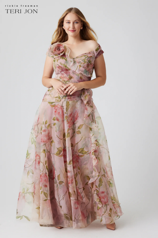 Teri Jon 246006 Off The Shoulder Organza Floral Gown