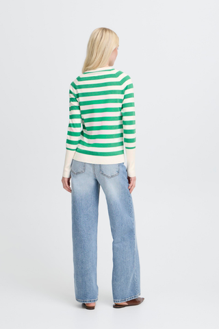 Person wearing a green and white striped sweater and blue jeans on a light gray background BYMmorla Long Cuff Tee
