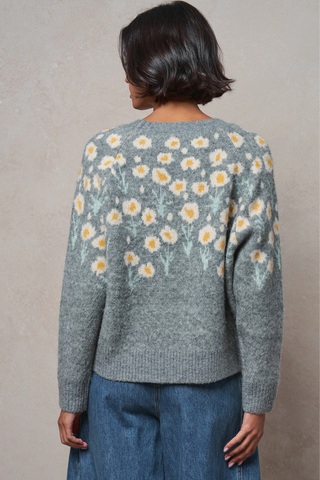 Daisy Embossed 3D Floral Knit Sweater - Grey UDSW0218