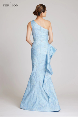 Teri Jon 217028 Jacquard One Shoulder Side Ruffle Gown