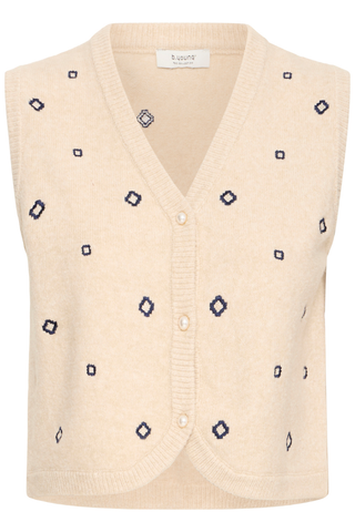 BYNadika Embroidered Vest Beige knitted vest with black geometric patterns on a white background