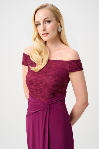 Silky Knit and Cascade Off-Shoulder Sheath Gown Ribkoff 261733F26