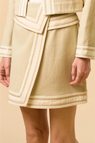 lalavon ILK5665 Neutral Colorblock Mini Skirt Beige coat with white trim on a beige background