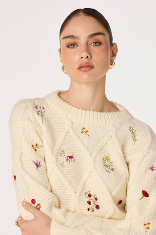 Rose Embroidered Diamond Knit Sweater ASTR ACT19542