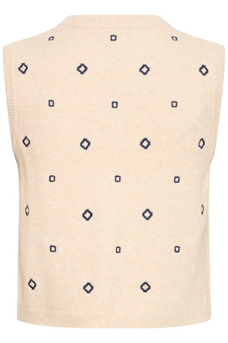BYNadika Embroidered Vest Beige vest with blue geometric patterns on a white background