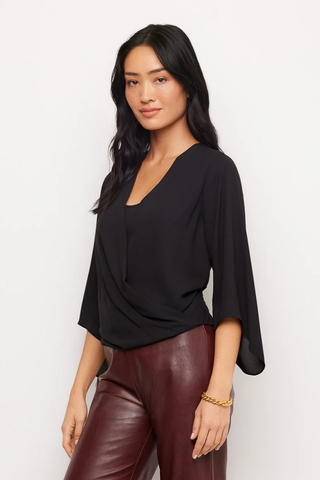 Bracelet Sleeve Drape Front Crossover Top - Black Karen Kane 3L25021 Black