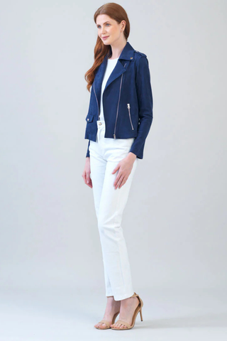 Clara Sunwoo Soft Suede - Architectural Moto Jacket - Navy JK26W  Woman wearing a blue jacket and white pants on a plain background