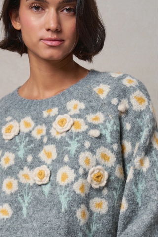 Daisy Embossed 3D Floral Knit Sweater - Grey UDSW0218