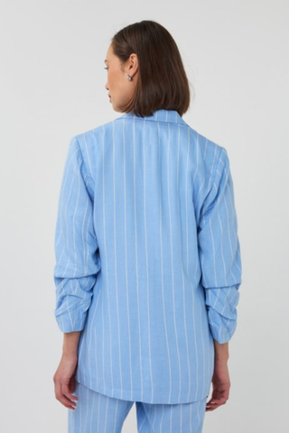 EsQualo SP2628002 Striped Linen Blazer  Person wearing a light blue pinstripe shirt and pants on a white background