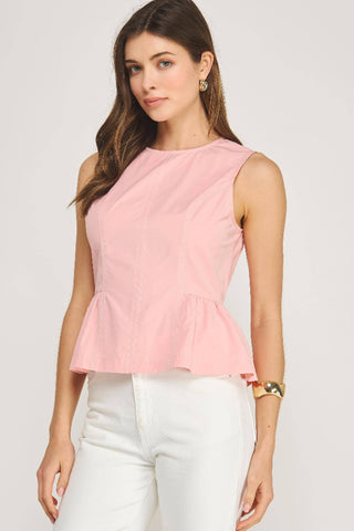 Strut & Bolt Top Stitch Poplin Sleeveless Top - Coral Pink  T-50819-JK-4