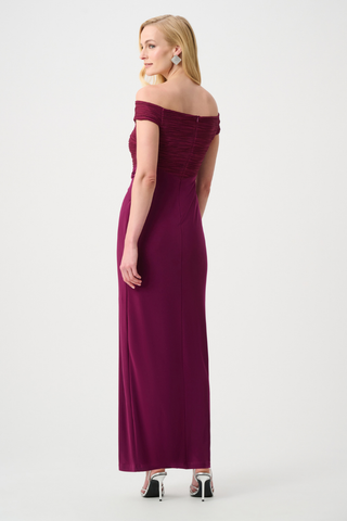 Silky Knit and Cascade Off-Shoulder Sheath Gown Ribkoff 261733F26