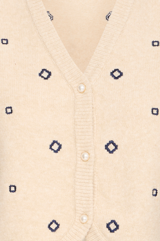 BYNadika Embroidered Vest Close-up of a beige cardigan with decorative buttons and patterns.