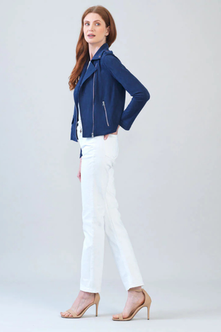 Clara Sunwoo Soft Suede - Architectural Moto Jacket - Navy JK26W  Woman wearing a blue jacket and white pants on a light gray background